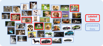 Illustration of an image set with a limited amount of labeled images among a large number of unlabeled images.